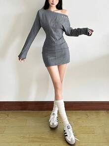 Top Dazzle Asymmetric Neckline Cold-Shoulder Long Sleeve Waist Cinched Dress - Grey - View 5