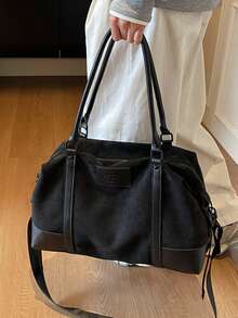 1pc Black Suede Tote Bag, Fashion Large Capacity Handbag, Casual Versatile Shoulder Bag, Crossbody Bag, Travel Gym Fitness Bag, Vintage College Style Backpack, Outdoor Camping Storage Bag Travel Bag Luggage Bag For Travel For Business For Vacation Holiday Portable Multifunction Travel Duffel Bag Unisex Weekender Bags - Black - View 2