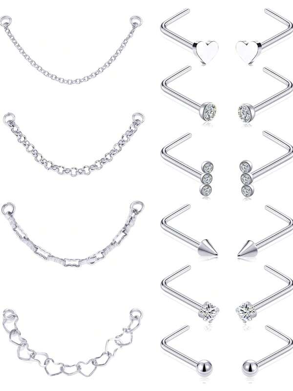 16 PCS Multi-Piece Fashion Versatile Silver & Gold-Toned Heart, Cubic Zirconia & Chain Detail Nose Ring Set Unisex For Daily & Festival Celebration