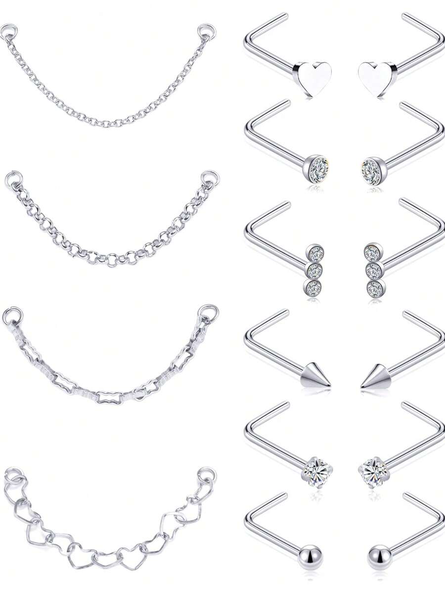 16 PCS Multi-Piece Fashion Versatile Silver & Gold-Toned Heart, Cubic Zirconia & Chain Detail Nose Ring Set Unisex For Daily & Festival Celebration