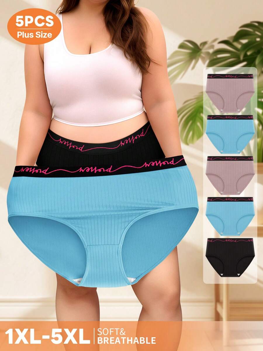 MEIYATING Paquete de 5 piezas de ropa interior para mujer de talla grande, de cintura alta, con estampado de letras y rayas verticales
