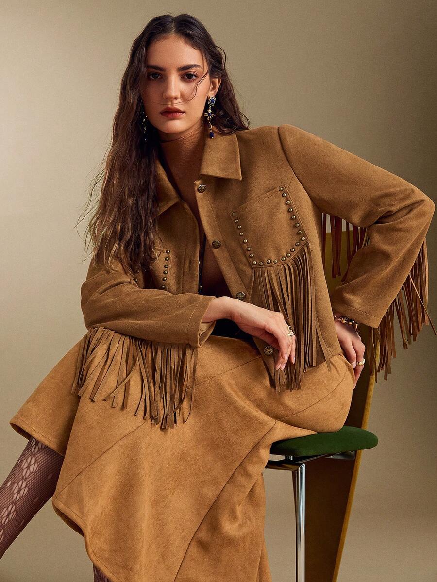 Simplee Women's Autumn/Winter New Urban Fashion Brown Faux Suede Jacket, Front Button Pockets With Rivet And Fringe Decoration, Suitable For Streetwear, Vacation, And Party Wear - Brown - View 1