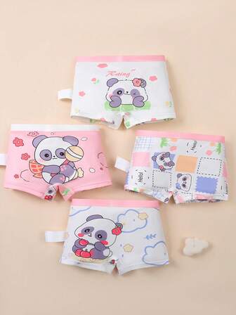 4pcs/Set Girls' Cute Panda & Lollipop Print Underwear Shorts, Comfortable & Versatile, Suitable For All Seasons