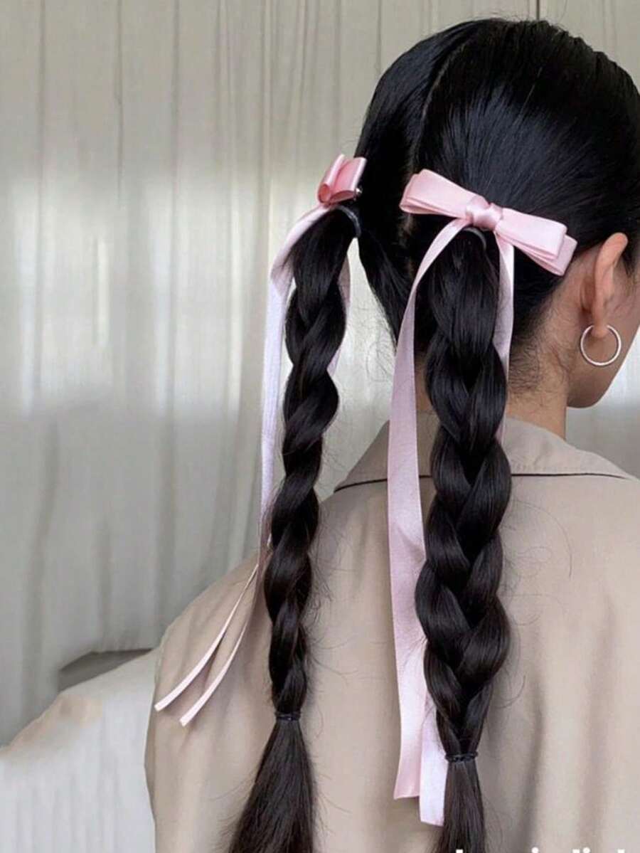 2pcs Ballet Style Long Ribbon Bow Hair Clip, Fashionable And Cute Women Hair Accessory, Suitable For Daily Wear On Any Occasion Valentine's Day Valentines Hair Accessories For Women Claw Clips Hair Claws Hair Barrettes, School Stuff, Elegant, College, Winter Outfit For Women, Bows - 粉色 - 查看 1