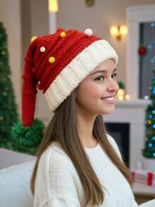 成人和儿童圣诞帽，红色针织帽配绒球，男女通用圣诞节节日帽，适合成人和儿童圣诞派对 - 彩色 - 查看 9