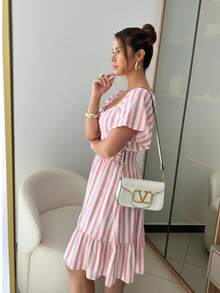Women's Striped Short Dress With Puff Sleeves And Ruffles - Casual And Elegant Summer Fashion. Ruched Ruffle Hem - Pink - View 2