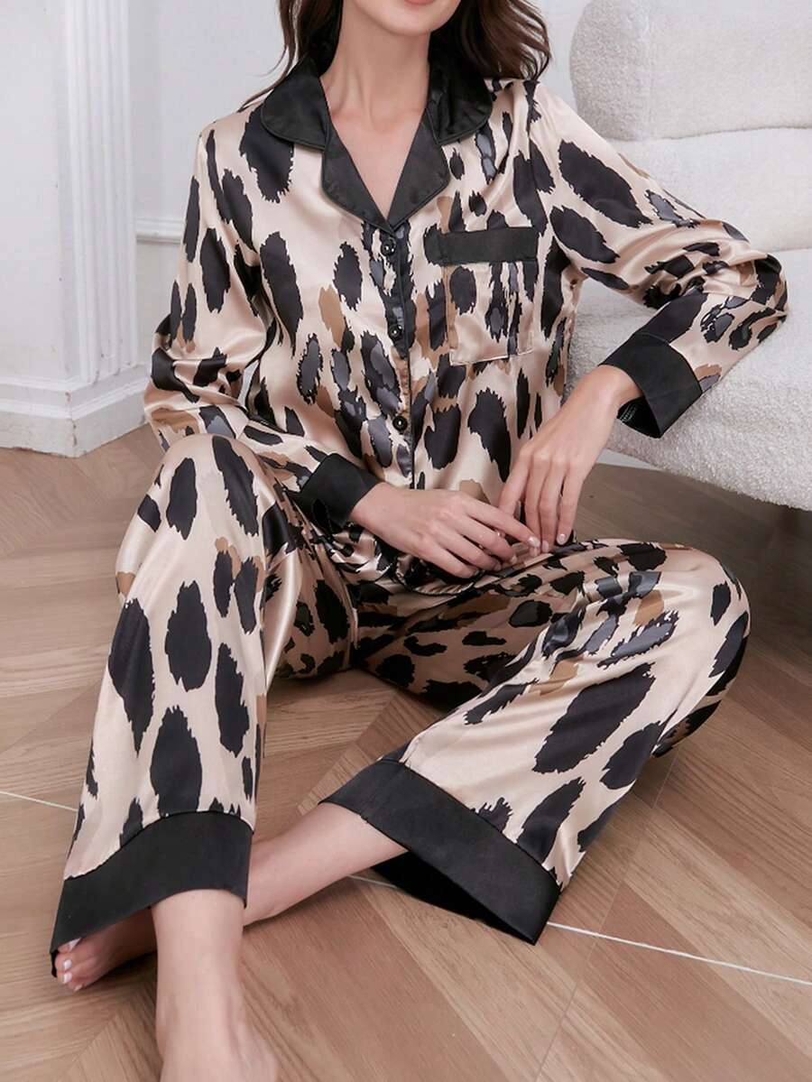 Set de pijamale pentru femei cu imprimeu leopard, cu buzunare în față și nasturi în față, mânecă lungă, toamnă/iarnă, haine de toamnă