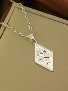 1pc Retro Geometric Personalized Pendant Necklace With Diamond-Shaped Embossed Sun And Moon Pendant For Women