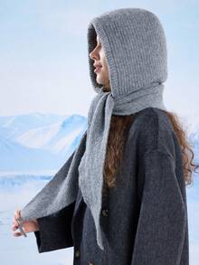 Women's Oversized Shawl Balaclava Hat, Knitted Hat Scarf Set, Solid Color Casual Winter Warm Hat With Pocket, Suitable For Daily, Skiing, Hiking, Vacation - Multicolor - View 10