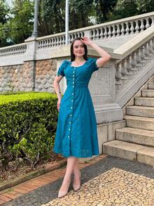 Women's Midi Dress, Casual, Elegant, Cotton, Daily - Teal Blue - View 4