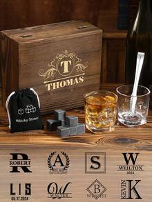 1pc Personalized Whiskey Glass Gift Set With Wooden Box And Whiskey Stone, Customized Whiskey Set With Carved Name/Initial, Groom Gift, Best Man Gift, Boyfriend Birthday, Father's Day, Christmas Gift, Men's Bar Supplies