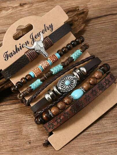 6pcsWomen's Bohemian Retro Stackable Turquoise Bracelet - Western Rustic Beaded Bull Head Charm Elastic Jewelry For Party & Casual Wear