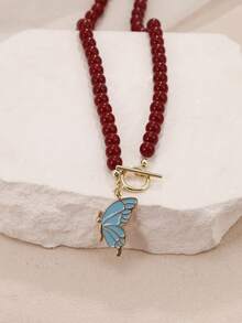 1pc Minimalist Vintage Red Agate Natural Stone Bead And Gold Bead Necklace,Faux Pearl OT Clasp Elegant Choker Necklace,Suitable For Daily And Party Accessory, Fashionable Jewelry, Best Friend Gift