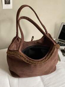 Bolso de mano de ante y piel sintética vintage para mujer, nueva bolsa de hombro con lazo de gran capacidad 2025, bolso de transporte debajo del brazo