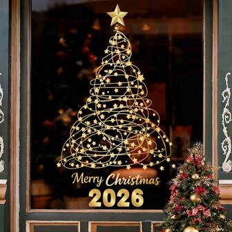 1pc Gold Christmas Tree Window Sticker, Includes Lights, Stars, 2026 Merry Christmas Pattern, Static Cling DIY Decal, Holiday Home Office Decoration, Corridor Yard Hanging Ornament Wall Stickers Room Decor Wall Decor Wall Sticker Bedroom Decor Kitchen Decor Home Decor