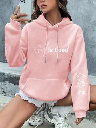 Plusstorlek Dam Dagligt "Gud är god" "HELA tiden" Textmönster Huva Långärmad Casual Vår/Sommar/Höst Dam Plusstorlek Långärmad Huvtröja Lärarens dag Utekvällstoppar Dam, Semesterkläder Dam