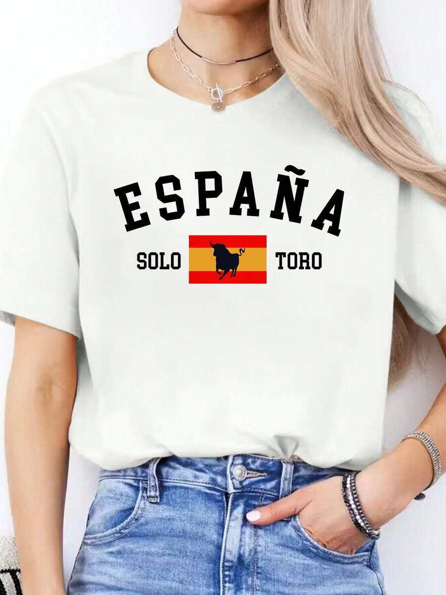 Women'S Casual "España Solo Toro" Graphic T-Shirt - Soft Peach, Short Sleeve, Round Neck, Lightweight & Stretchy, Spring/Summer Top, Casual Wear | Playful Print Top | Comfortable Fit, Ladies T - trắng - Xem 1