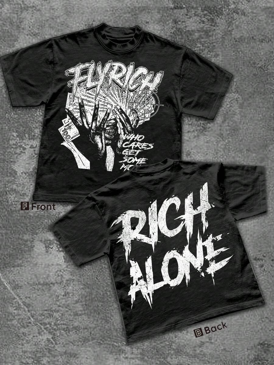 Fly Rich Who Cares Get Some MC Rich Alone Double-Sided Printed Y2K Men's Men Clothes Y2K Graphic TEE Fashion Street Style Men's Summer Round Neck Short Sleeve Top Cotton T-shirt Perfect Gifts for Halloween, Christmas & New Year.
