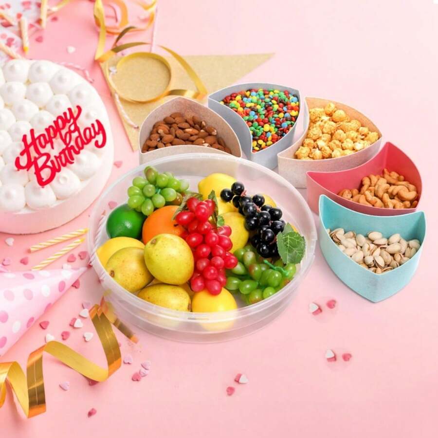 1个带盖水果零食托盘，30.99厘米水果盛放容器，5格圆形开胃菜盛盘，适合派对使用 - 白色 - 查看 1