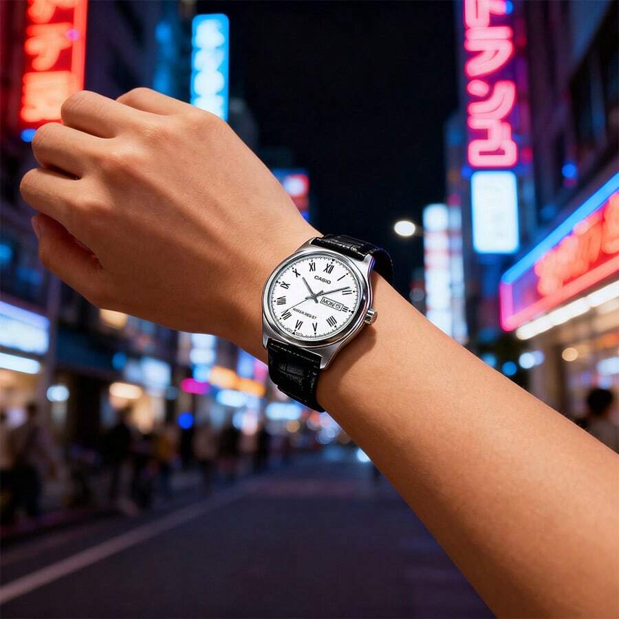 Casio 男士手表 男士石英表，皮革表带，白色罗马数字表盘，日期三针模拟手表，适合日常、休闲和其他场合 MTP-V006L-7B - 白色 - 查看 1