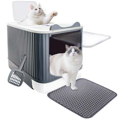 Cat Litter Box With Litter Mat And Scoop, Foldable Cat Litter Box With Lid, Pull-Out Cat Litter Box, Deodorizing, Easy To Clean(White Grey)