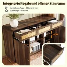 Kommode Sideboard 120cm Nussbaum, Schubladenschrank mit Rattan & Goldgriffen, 3 Schubladen + 2 Schränke + offenes Regal, Höhenverstellbare Einlegeböden, H85/B120/T40 cm