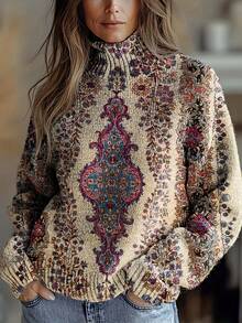 Women's Boho Chic Knitted High Neck Pullover Sweater With Floral Print, Long Raglan Sleeve Casual Fall & Winter Top - Multicolor - View 2