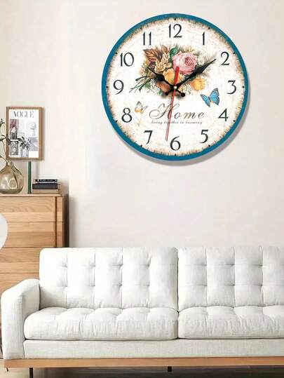 1 pièce, Horloge murale vintage florale minimaliste, Horloge murale ronde en bois simple et créative, Fonctionnement silencieux au quartz, Convient pour la chambre, le salon, le bureau, la cuisine, la salle de bain, Fonctionne sur pile.