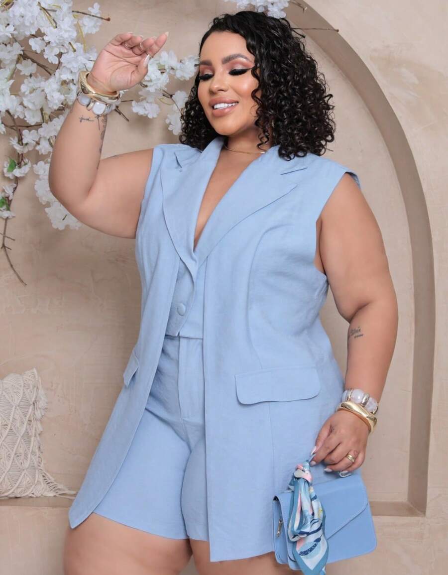Women's Premium Plus Size Double Vest And Short Set - Azul Claro - View 1
