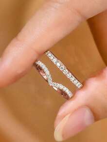 2 pièces Ensemble de bagues de mariage en or rose minimaliste en forme de V avec faux moissanite, bagues de fiançailles pour couple pour un port quotidien - Or rose - Voir 11