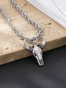 1pc Punk Gothic Western Style Twisted Chain Pendant Necklace With Bull Head & Evil Eye Charm, Unique & Fashionable Women Necklace - Silvery - View 4