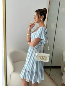 Women's Striped Short Dress With Puff Sleeves And Ruffles - Casual And Elegant Summer Fashion. Ruched Ruffle Hem - Baby Blue - View 2
