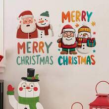 Fröhliche Weihnachten Weihnachtsmann & Schneemann selbstklebende abnehmbare Kunststoff Wandaufkleber - Abziehen & Aufkleben asymmetrische Toilette, Kühlschrank, Tür Dekorationen mit Schneeszene, Schneeflocken & süßem Weihnachtsmann/Schneemann Duo für Feiertagsdekoration (hinterlässt keine Rückstände)