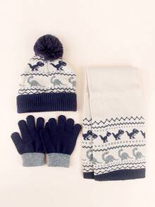 1/2/3 件儿童恐龙提花针织帽、围巾和手套三件套，适合男孩和女孩 - 恐龍提花 - 查看 5