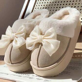 女士可爱甜美蝴蝶结拖鞋，厚底，保暖透气，室内外皆宜，带保暖内衬，适合秋冬季穿着