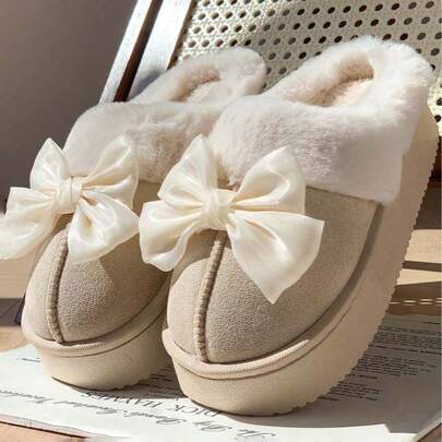 Damskie, śliczne i słodkie kapcie z kokardką, gruba podeszwa, ciepłe i nieprzemakalne, do użytku wewnątrz i na zewnątrz, z podszewką termiczną, odpowiednie na jesień/zimę