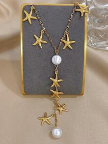 1 Pieza Collar largo de acero inoxidable con decoración de estrella dorada para mujer, collar de cadena para uso diario y fiestas, regalo de joyería