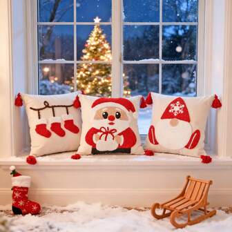 1pc Christmas Velvet Embroidered Throw Pillow Cover, Holiday Decor For Living Room Sofa, Bedroom Headboard, Christmas Santa Claus Pattern Canvas Cushion Cover