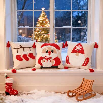 1pc Christmas Velvet Embroidered Throw Pillow Cover, Holiday Decor For Living Room Sofa, Bedroom Headboard, Christmas Santa Claus Pattern Canvas Cushion Cover