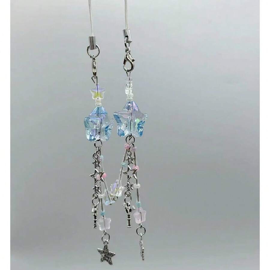 【星空】梦幻流星雨手机链甜美酷女孩激光五角星手机挂件包扣，兼容安卓及大多数智能手机，送给妈妈、家人、朋友、孩子、生日、节日的礼物 - 流星雨手機鏈 藍色 - 查看 1