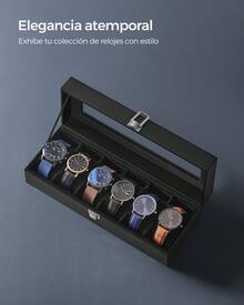 Caja de Relojes con 6 Compartimentos, Estuche de Relojes con Tapa de Cristal, Cojín Extraíble, Cierre Metálico, Regalo, Cuero Sintético Negro y Forro Negro, Regalo de Navidad - Negro - Ver 3
