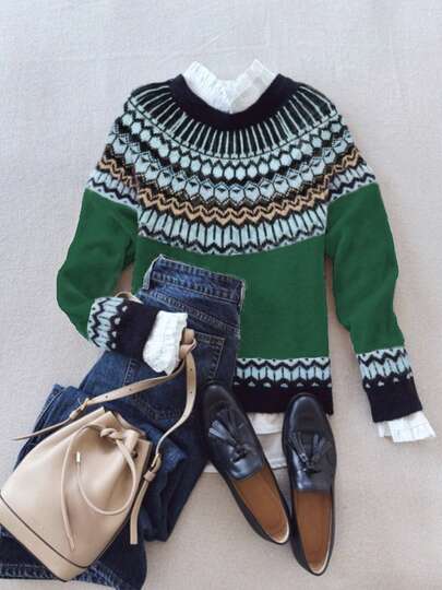 Novo suéter feminino de lã com estampa geométrica multicolorida, elegante e casual, gola redonda, manga comprida