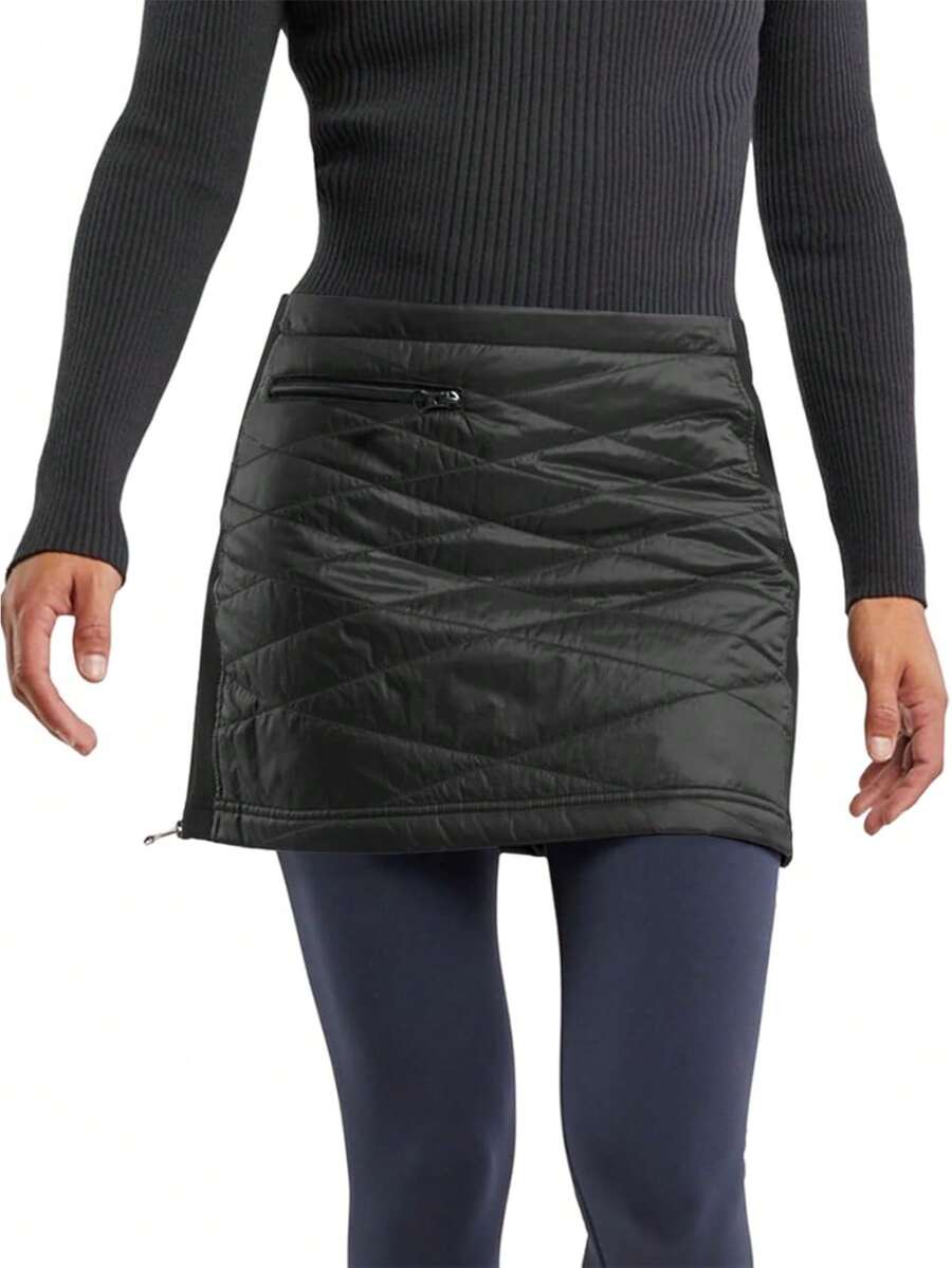 Fisoew Winter A-Line Athleisure Puffer Skirt For Women, Quilted Insulated Skort With Pockets, Cold Weather Skirt | Golf Running Tennis - màu đen - Xem 1