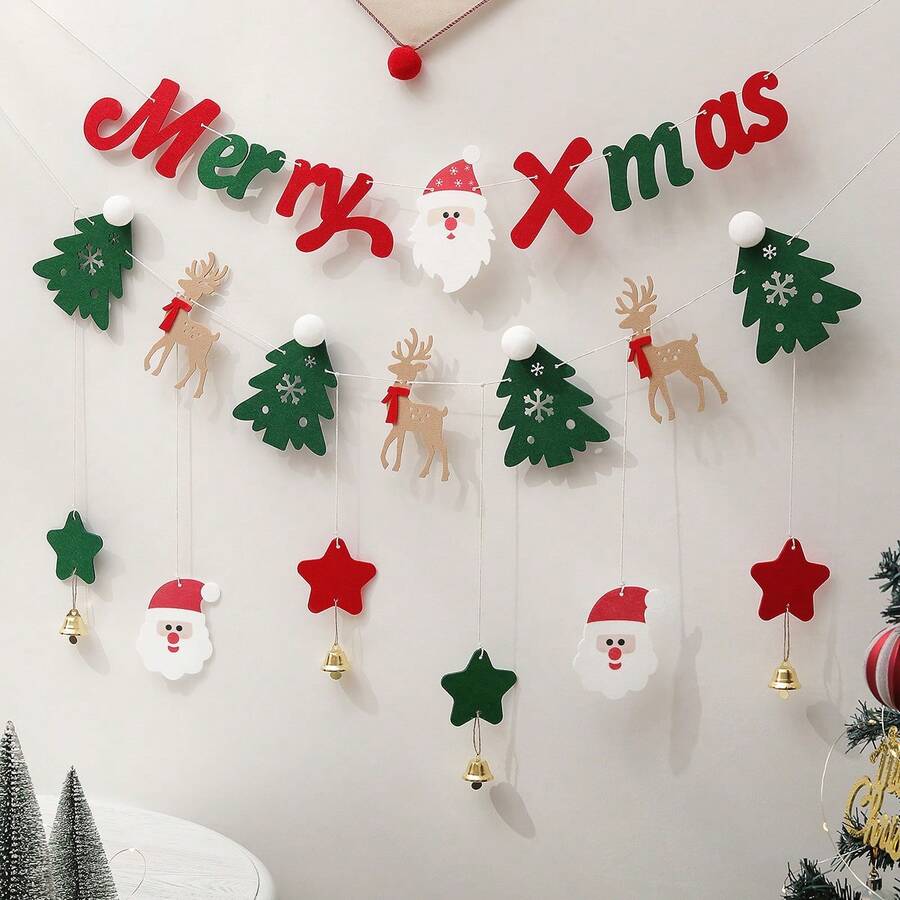 1 set de bannière décorative en feutre rouge et vert, décoration murale pour fête de Noël, ornements en pompon représentant le Père Noël, le sapin de Noël, le renne, le bonhomme de neige - Multicolore - Voir 1