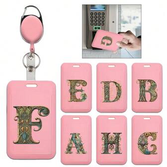 带挂绳的员工证件套/工作证保护套/学生证保护套，带伸缩扣塑料钥匙扣，耐用防尘姓名牌套/办公配件，可容纳26个字母的姓名首字母图案