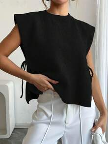 Women's Elegant Sleeveless Knit Vest With Side Tie, Lightweight Breathable Casual Vacation Sweater Vest - Black - View 4