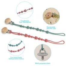 Baby Pacifier Clip With Wooden Clamp, One-Piece Design, Silicone, Chewable, Suitable For Baby Clothes/Stroller/Crib, Baby Gift - Multicolor - View 4