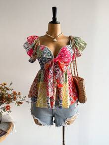 Rusttydustty Bohemien Stil Spitze V-Ausschnitt Lässig Urlaubs Bluse, geeignet für Neujahr, Valentinstag und andere Anlässe