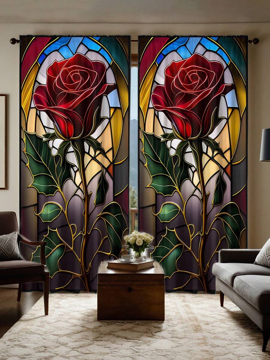 2pcs Elegant Black Rose & Colorful Glass Pattern Printed Curtains, High Definition Digital Printing, Rod Pocket Installation, 100% Polyester, 90g/Sqm, Suitable For All Seasons, Light Filtering, Privacy Protection, UV Blocking Decorative Curtains