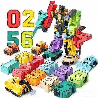 一套完整的0到9数字变换拼图，可以提升动手能力，激发逻辑思维，激发想象力。这款DIY玩具拼装套装包含一个机甲组合机器人和字母，是父母送给孩子、祖父母送给孙辈的完美礼物。它适合男孩和女孩在生日、节日、元旦等特殊场合赠送礼物。